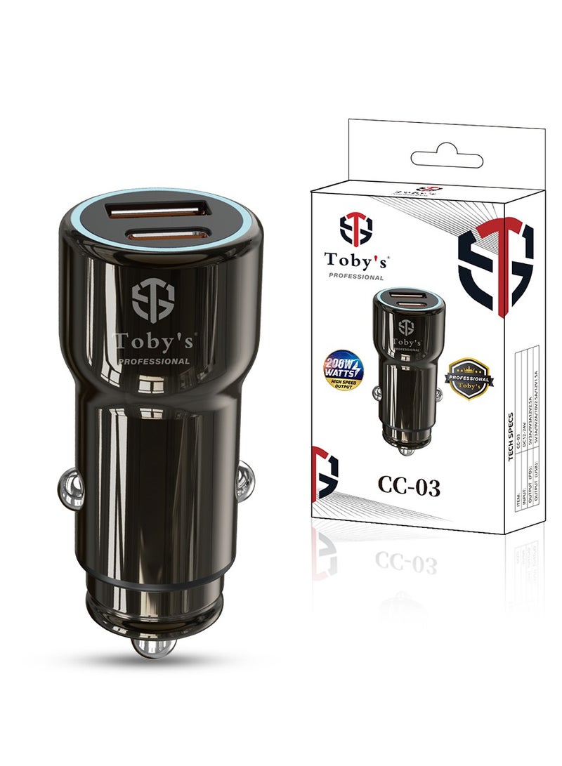 توبيز شاحن السيارة السريع CC-03 200 واط من توبى | منفذين PD + USB | جهد ذكي | ضوء حلقة LED | مدمج لجميع المركبات التي تعمل بجهد 12V–24V - Image 1