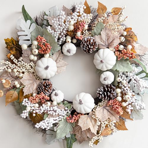 ORIENTAL CHERRY Fall Decor - Fall Decorations for Home - 18 Inch Autumn Maple Leaf Pumpkin Pine Cone Berry Wreath - Fall Wreath for Thanksgiving Halloween Farmhouse Harvest Front Door Outdoor Indoor Window Wall - Image 1