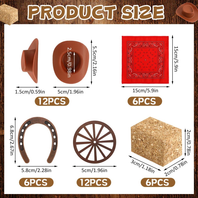 Jansun 42 Pcs Western Party Decorations Mini Hay Bale Cowboy Hats Horseshoes Bandanas Decoration for Crafts Rustic Table Centerpieces Wedding Birthday Party Cowboy Party Favors - Image 2