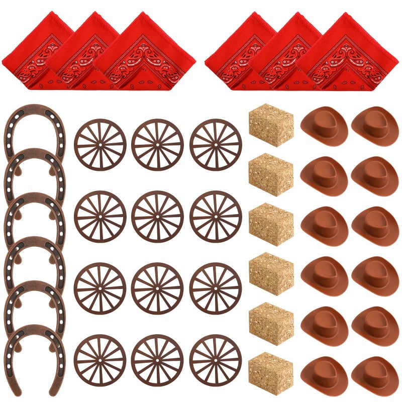 Jansun 42 Pcs Western Party Decorations Mini Hay Bale Cowboy Hats Horseshoes Bandanas Decoration for Crafts Rustic Table Centerpieces Wedding Birthday Party Cowboy Party Favors - Image 1