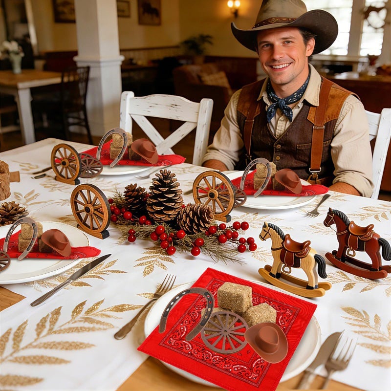 Jansun 42 Pcs Western Party Decorations Mini Hay Bale Cowboy Hats Horseshoes Bandanas Decoration for Crafts Rustic Table Centerpieces Wedding Birthday Party Cowboy Party Favors - Image 5