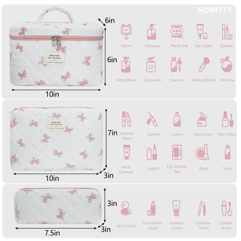 honitty Makeup Bag,Quilted Cosmetic Bag,Large Floral Make Up Bag for Women,Cotton Makeup Bag Set,Flower Travel Toiletry Bag - Image 2