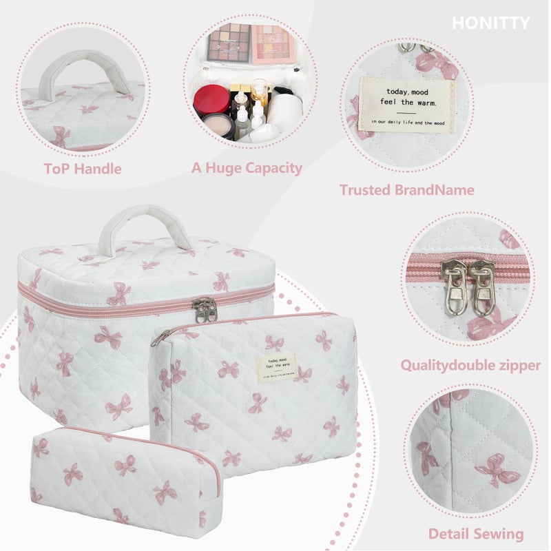 honitty Makeup Bag,Quilted Cosmetic Bag,Large Floral Make Up Bag for Women,Cotton Makeup Bag Set,Flower Travel Toiletry Bag - Image 3