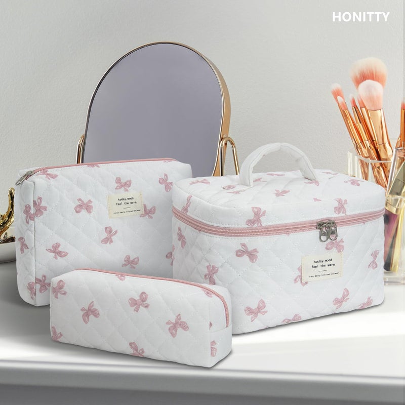 honitty Makeup Bag,Quilted Cosmetic Bag,Large Floral Make Up Bag for Women,Cotton Makeup Bag Set,Flower Travel Toiletry Bag - Image 5