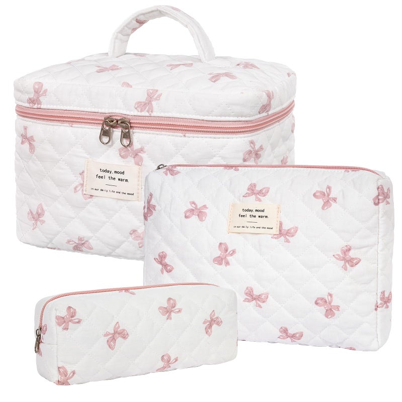 honitty Makeup Bag,Quilted Cosmetic Bag,Large Floral Make Up Bag for Women,Cotton Makeup Bag Set,Flower Travel Toiletry Bag - Image 1