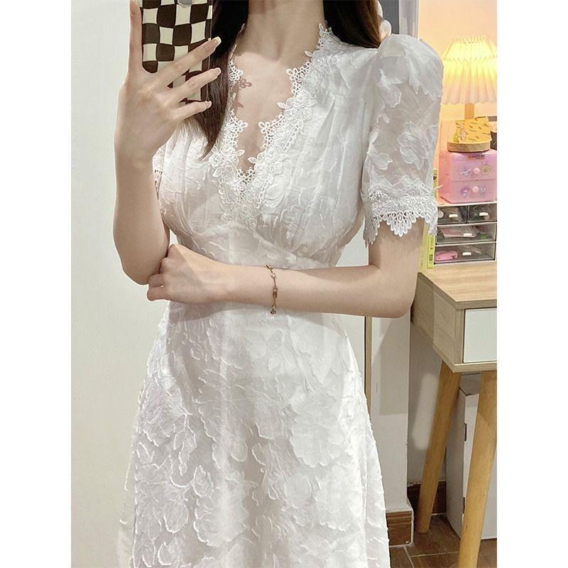 Plus Size Fat Mm Chic And Stunning V-Neck Elegant White Lace Dress Women'S Summer Waist Long Skirt 100Kg - Image 2