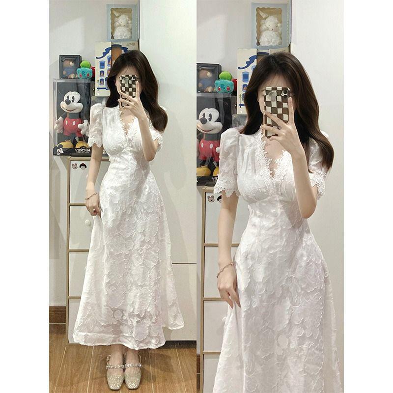 Plus Size Fat Mm Chic And Stunning V-Neck Elegant White Lace Dress Women'S Summer Waist Long Skirt 100Kg - Image 1