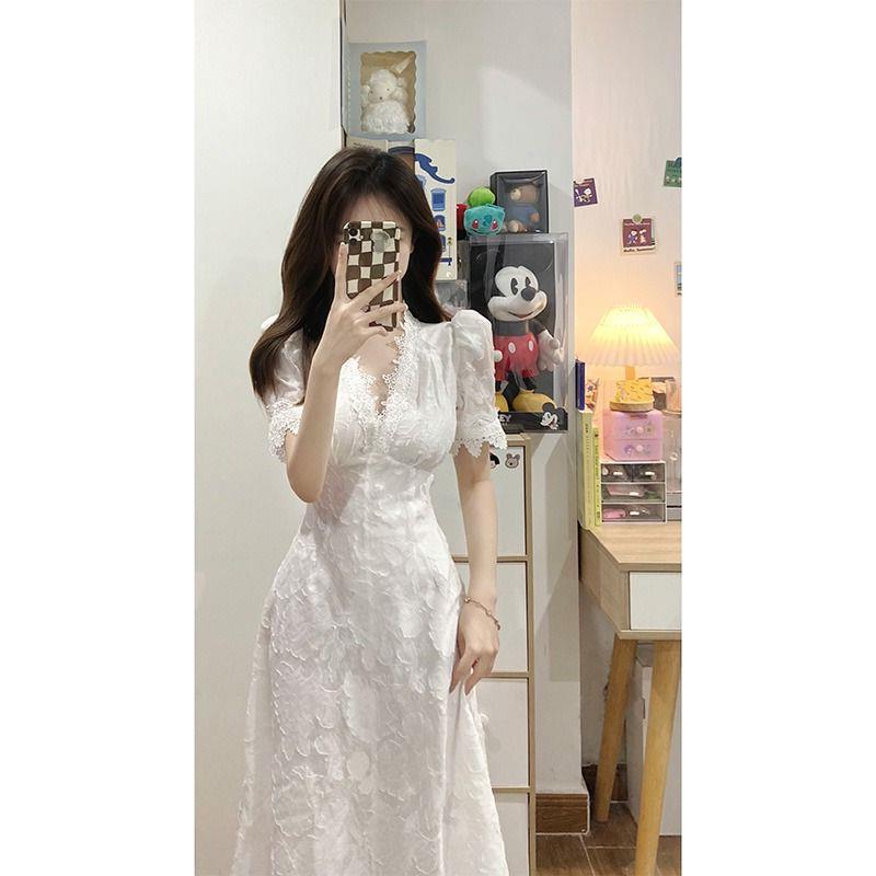 Plus Size Fat Mm Chic And Stunning V-Neck Elegant White Lace Dress Women'S Summer Waist Long Skirt 100Kg - Image 3