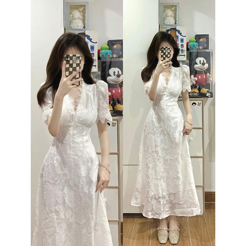 Plus Size Fat Mm Chic And Stunning V-Neck Elegant White Lace Dress Women'S Summer Waist Long Skirt 100Kg - Image 5