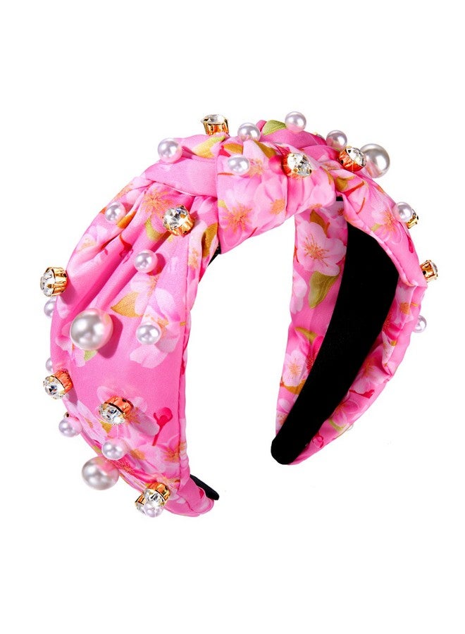CEALXHENY Pearl Knotted Headbands For Women, Printed Flower Headbands Rhinestone Crystal Knotted Headbands Sparkly Jeweled Beads Embellished Top Knot Headband Summer Hair Accessories (Pink) - Image 1