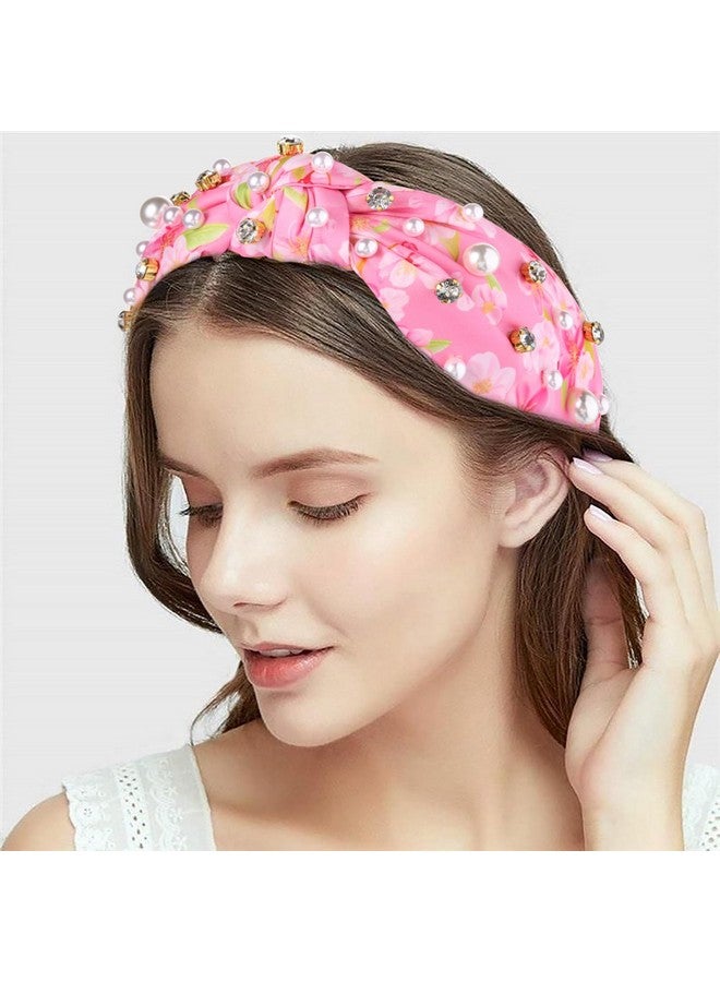 CEALXHENY Pearl Knotted Headbands For Women, Printed Flower Headbands Rhinestone Crystal Knotted Headbands Sparkly Jeweled Beads Embellished Top Knot Headband Summer Hair Accessories (Pink) - Image 2