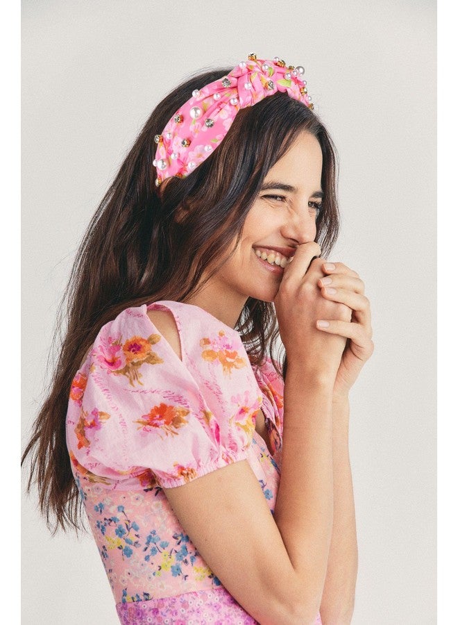 CEALXHENY Pearl Knotted Headbands For Women, Printed Flower Headbands Rhinestone Crystal Knotted Headbands Sparkly Jeweled Beads Embellished Top Knot Headband Summer Hair Accessories (Pink) - Image 3