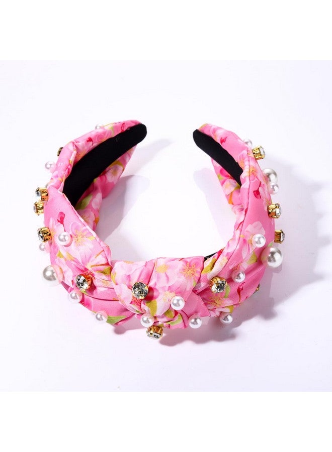 CEALXHENY Pearl Knotted Headbands For Women, Printed Flower Headbands Rhinestone Crystal Knotted Headbands Sparkly Jeweled Beads Embellished Top Knot Headband Summer Hair Accessories (Pink) - Image 5