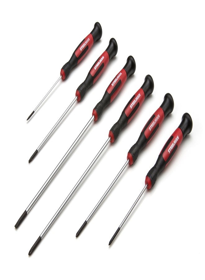STEELMAN Precision Steel Shaft 6-Piece Long Electronics Screwdriver Set, Variety of Slotted/Phillips Sizes, Swivel-Head, Magnetic Tips - Image 1