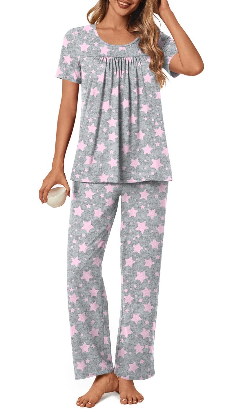 POPYOUNG Women's Pajama Sets Summer Ladies Pjs 2 Piece Short SLeeve Loungewear Soft Lightweight Sleepwear 2XL, Pink Star-gray - Image 1