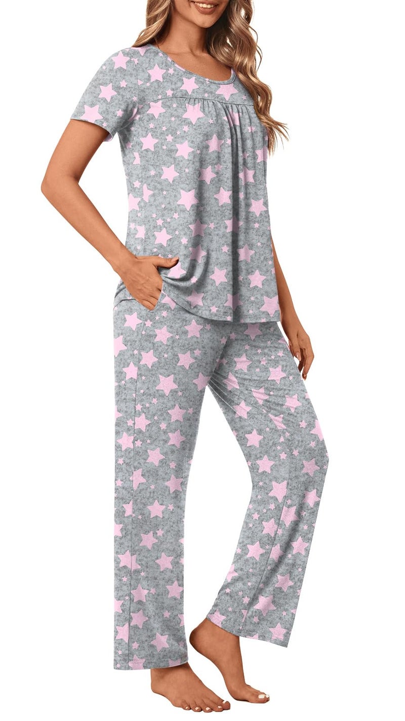 POPYOUNG Women's Pajama Sets Summer Ladies Pjs 2 Piece Short SLeeve Loungewear Soft Lightweight Sleepwear 2XL, Pink Star-gray - Image 4