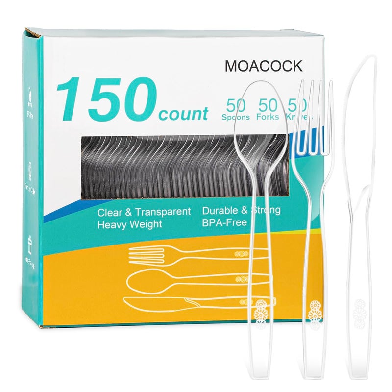 MOACOCK 150 Pcs Clear Plastic Silverware  Heavy Weight Plastic Forks Spoons Knives Disposable Utensils Cutlery Set for Wedding Party Supplies Everyday Use - Image 1
