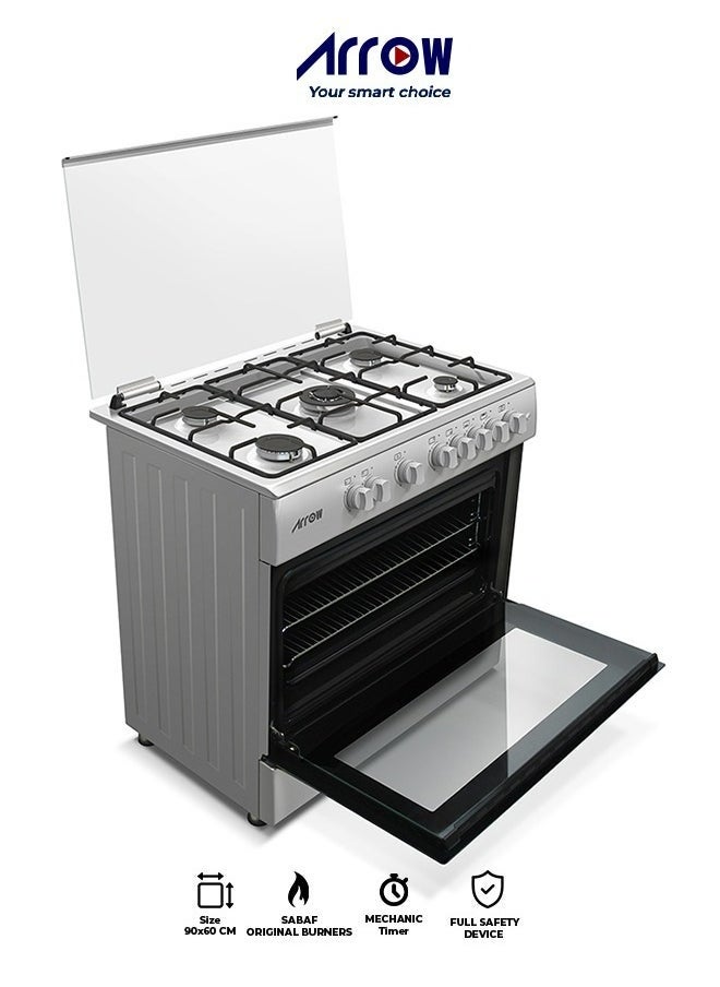 Arrow 5 Burners Gas Cooker, Size 90X60 CM | Full Sabaf Burners | Warming Cabinet | Silver Color| Full Saftey Cooker | Stainless Steel Material | Model Name: RO-9060GSKS  - Image 1