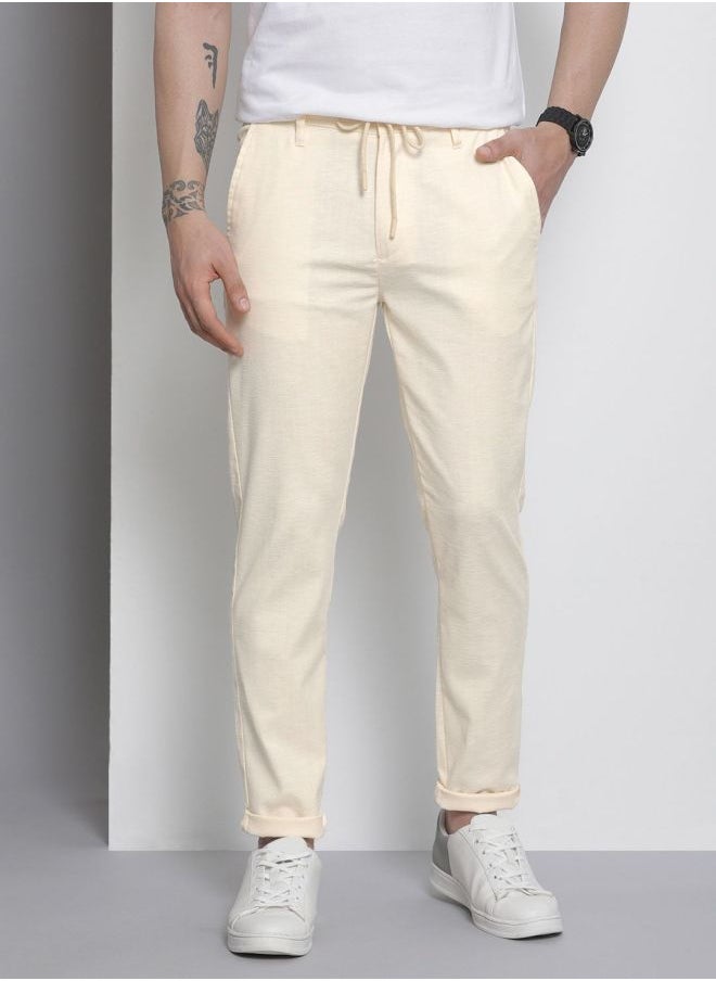 The Indian Garage Co Men Slim Fit Solid Mid-Rise Elasticated Linen Jogger Trouser  - Image 1