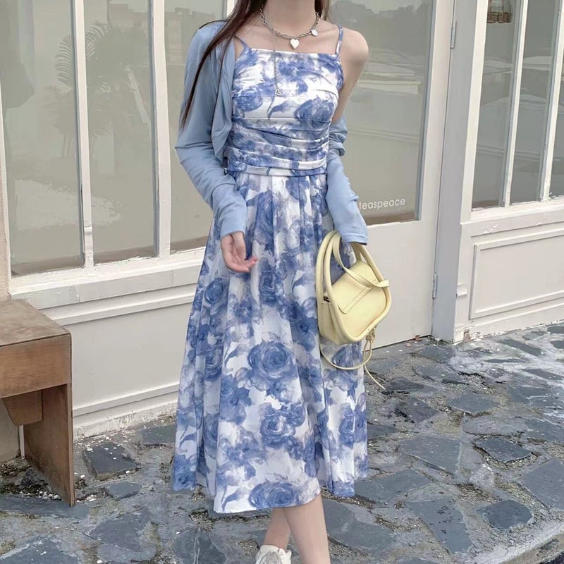 Little Girl Sweet Dress Summer 2023 New Blue Cardigan Jacket Floral Sling Dress Picture Color