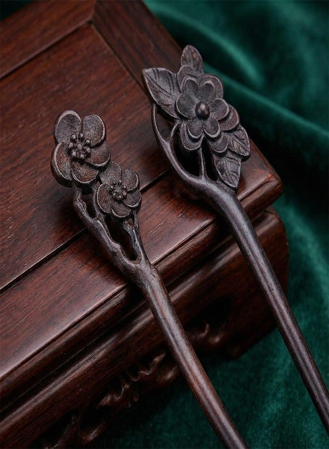 KGCGJVB 2PCS Wooden Hair Sticks for Buns Handmade Wood Hairpin Chopsticks Vintage Chinese Hair Pin with Lotus and Plum Blossom Carved Long Hair Styling Accessories for Women Unique Updo Hair Forks - Image 2