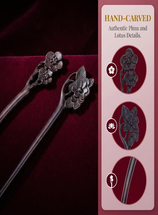 KGCGJVB 2PCS Wooden Hair Sticks for Buns Handmade Wood Hairpin Chopsticks Vintage Chinese Hair Pin with Lotus and Plum Blossom Carved Long Hair Styling Accessories for Women Unique Updo Hair Forks - Image 4
