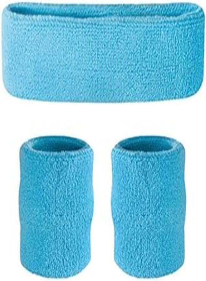 Suddora Headband / Wristband Set - Sports Sweatbands For Head And Wrist (Neon Blue)