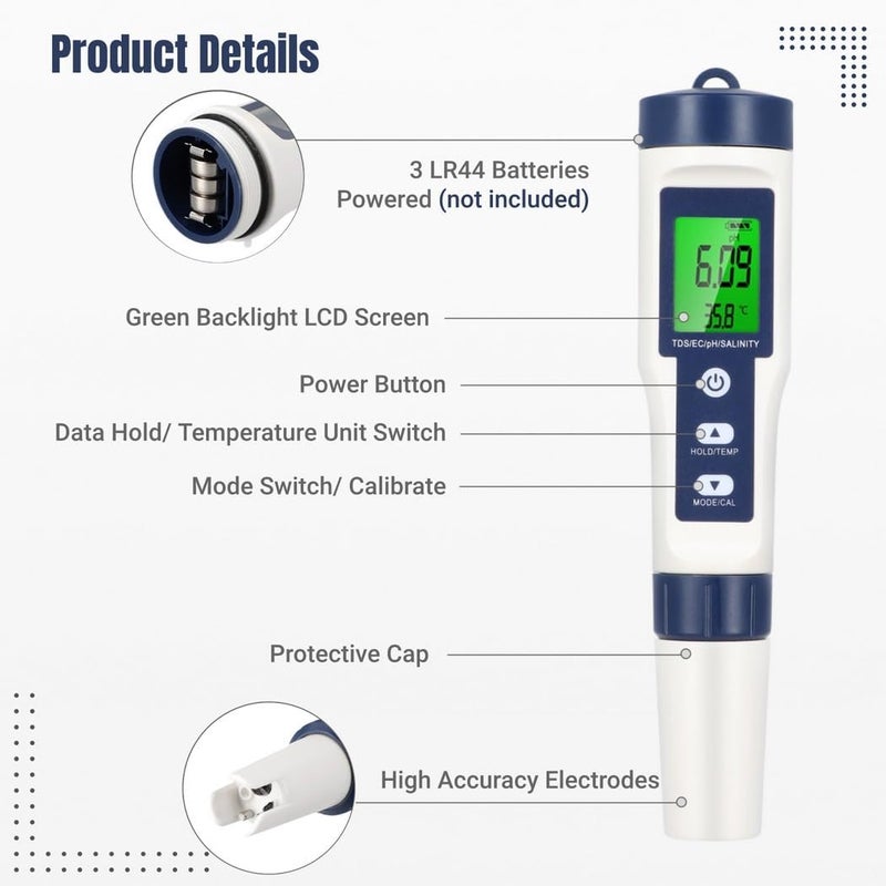 5-in-1 Water Quality Digital Tester, Ph, Tds, Ec, Salt, and Temperature Measurement Tool for Pools, Aquariums, and Drinking Water - Image 3