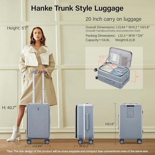 Hanke 20 Inch Carry On Luggage with Cup Holder and Charge,Top Opening Hard Shell Suitcases with Wheels and Dividers,Aluminum Frame Trunk Luggage Small Suitcase with Lock for Travel,Gray - Image 2