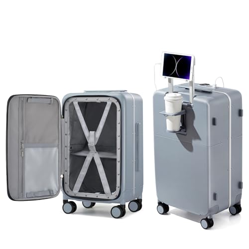 Hanke 20 Inch Carry On Luggage with Cup Holder and Charge,Top Opening Hard Shell Suitcases with Wheels and Dividers,Aluminum Frame Trunk Luggage Small Suitcase with Lock for Travel,Gray - Image 1