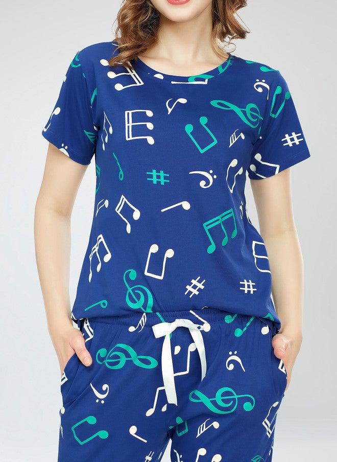 Zeyo Round Neck Short Sleeves Printed Pure Cotton Night Suit - Image 2