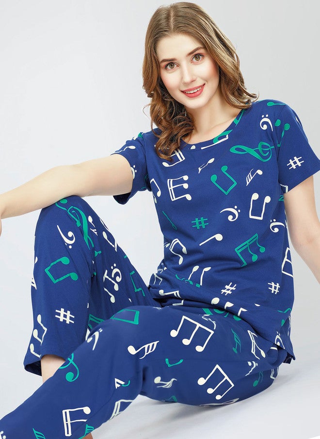 Zeyo Round Neck Short Sleeves Printed Pure Cotton Night Suit - Image 1
