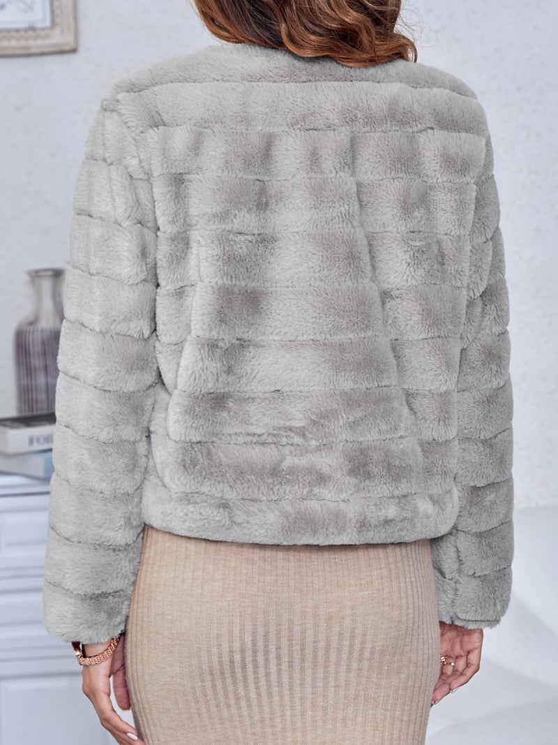 Fisoew Womens Cropped Faux Fur Jackets Long Sleeve Open Front Fluffy Short Coats - Image 2