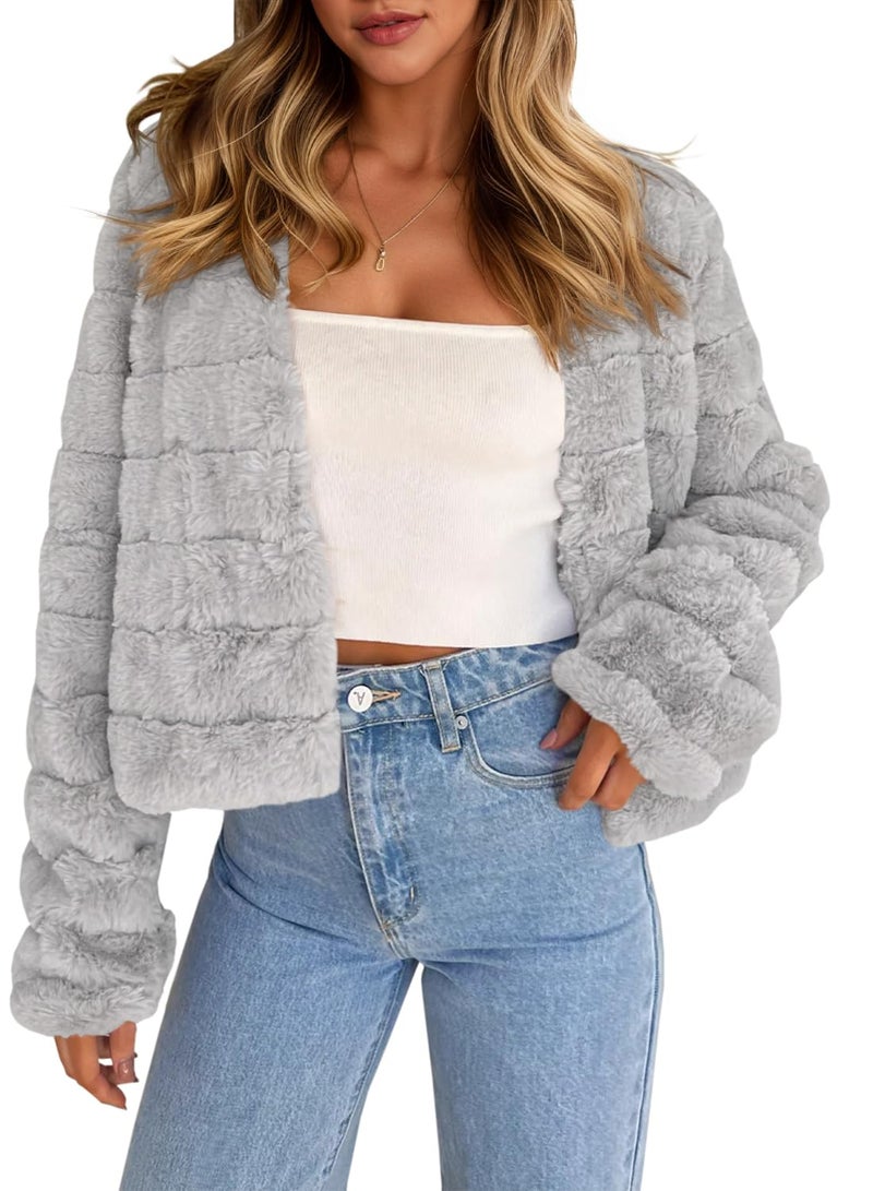Fisoew Womens Cropped Faux Fur Jackets Long Sleeve Open Front Fluffy Short Coats - Image 1