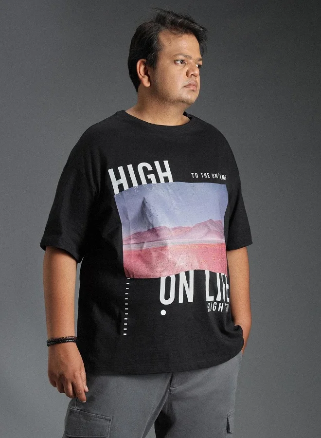 HIGH STAR Men's Black 100% Cotton Printed Regular Fit T-Shirt