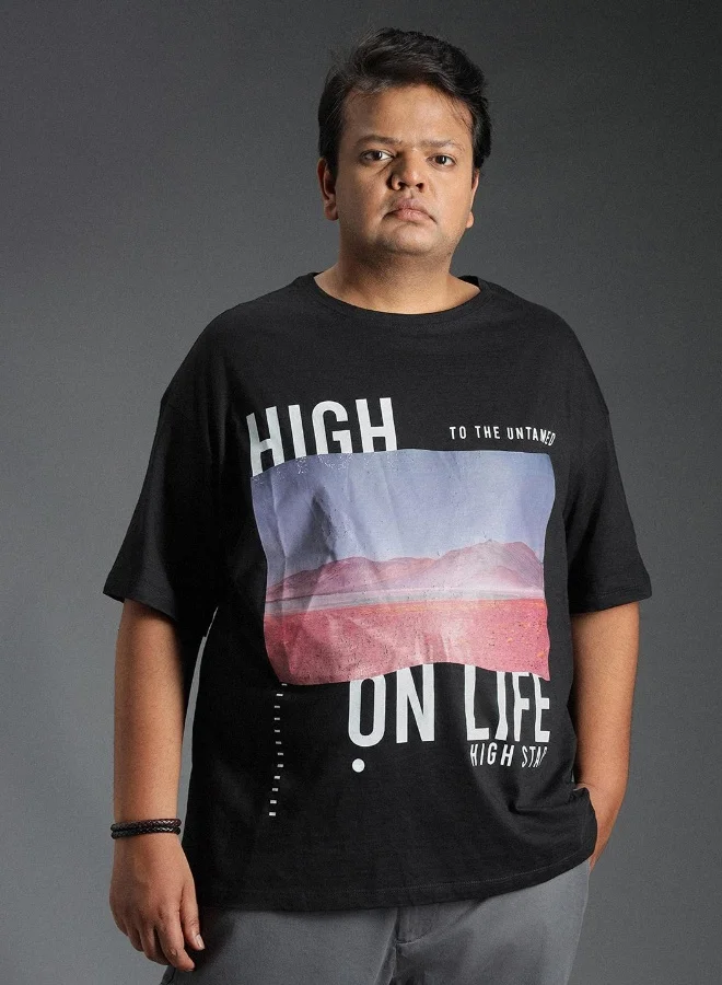 HIGH STAR Men's Black 100% Cotton Printed Regular Fit T-Shirt