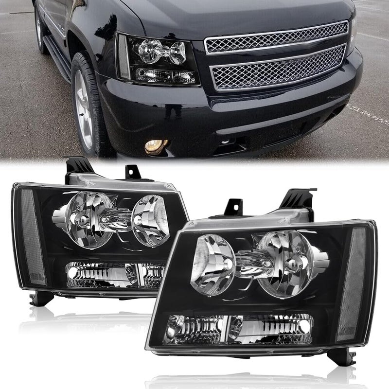 APSVE Headlights Assembly for 2007-2014 Chevy Tahoe Suburban 1500,07-13 Chevy Avalanche Suburban 2500 Replacement Headlamp Pair, Black Housing Clear Reflector - Image 1