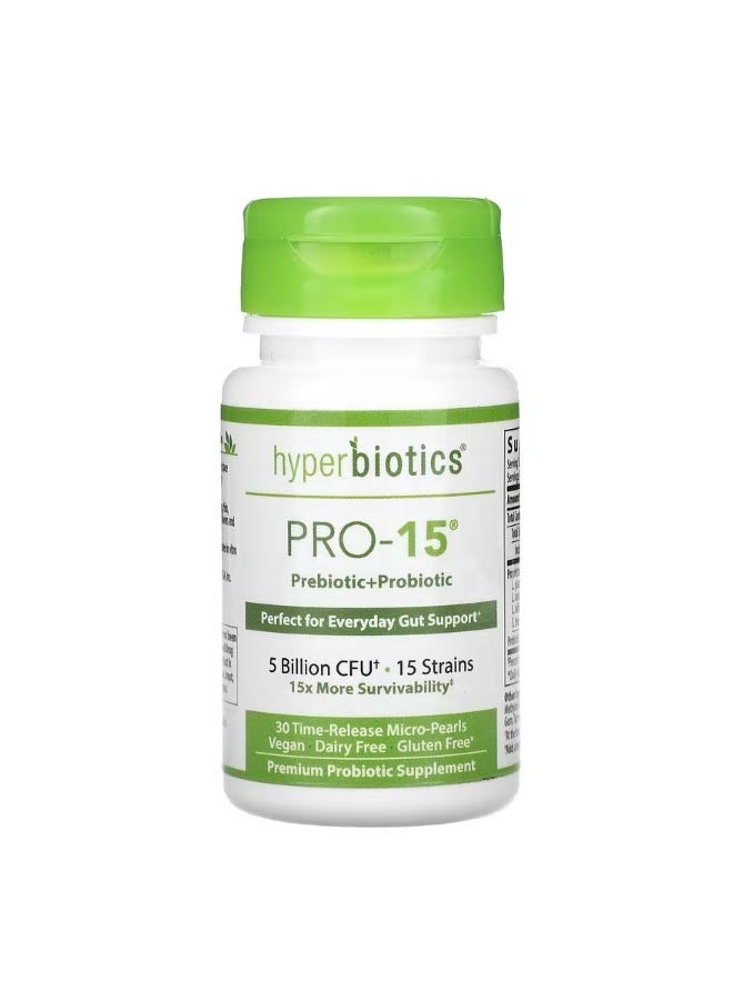 Hyperbiotics Pro 15 Prebiotic  Probiotic 5 Billion CFU 30 Time Release Micro Pearls - Image 1