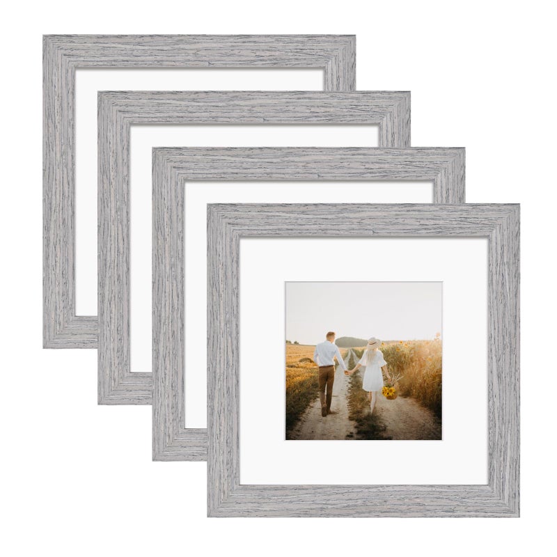 KINLINK Square 6x6 Picture Frames Grey  Solid Wood Frames with Acrylic Plexiglass for Pictures 4x4 With Mat Tabletop and Wall Mounting Display Frame Set of 4 - Image 1