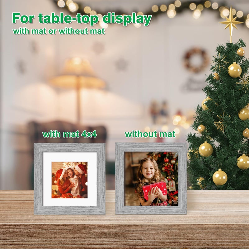 KINLINK Square 6x6 Picture Frames Grey  Solid Wood Frames with Acrylic Plexiglass for Pictures 4x4 With Mat Tabletop and Wall Mounting Display Frame Set of 4 - Image 5