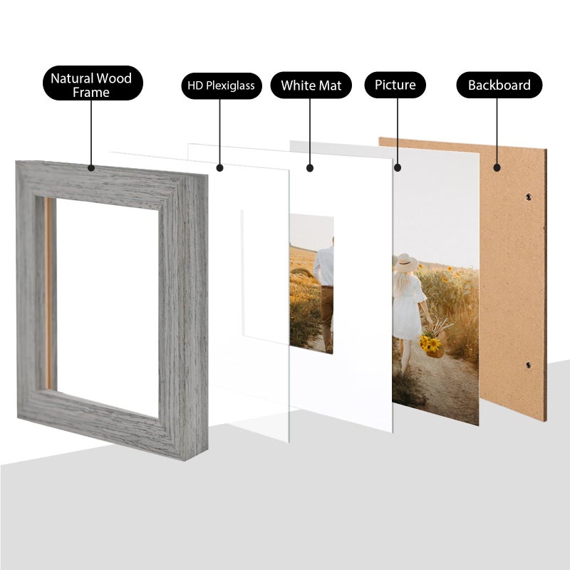 KINLINK Square 6x6 Picture Frames Grey  Solid Wood Frames with Acrylic Plexiglass for Pictures 4x4 With Mat Tabletop and Wall Mounting Display Frame Set of 4 - Image 2