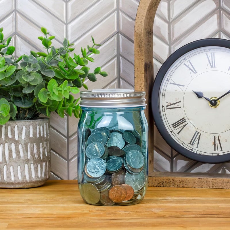 Cornucopia Brands Small Coin Bank Jars (4-Pack, Blue); 16oz Plastic Mason Jar Coin Banks w/SIlver Slotted Lids - Image 2