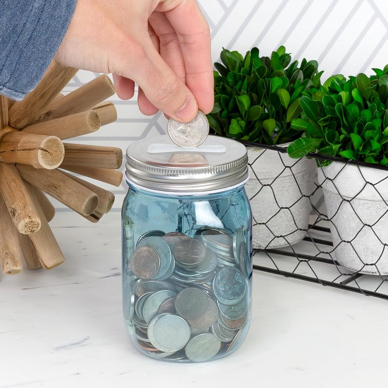 Cornucopia Brands Small Coin Bank Jars (4-Pack, Blue); 16oz Plastic Mason Jar Coin Banks w/SIlver Slotted Lids - Image 3