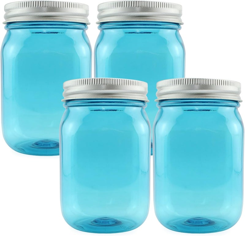 Cornucopia Brands Small Coin Bank Jars (4-Pack, Blue); 16oz Plastic Mason Jar Coin Banks w/SIlver Slotted Lids - Image 1