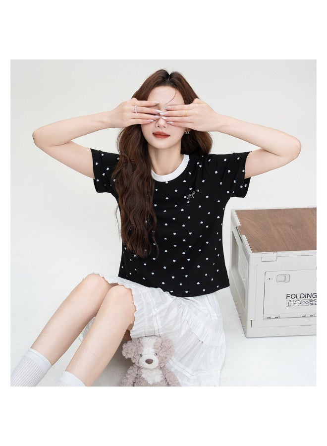 TonLion Summer New Retro Sweet & Cool Style Color-blocking Heart Print Bow Slim-fit Short Sleeve T-shirt Round Neck Top For Women - Image 5