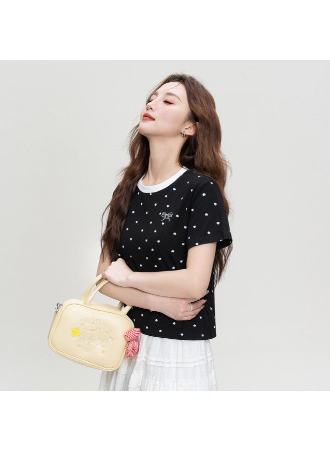 TonLion Summer New Retro Sweet & Cool Style Color-blocking Heart Print Bow Slim-fit Short Sleeve T-shirt Round Neck Top For Women - Image 4