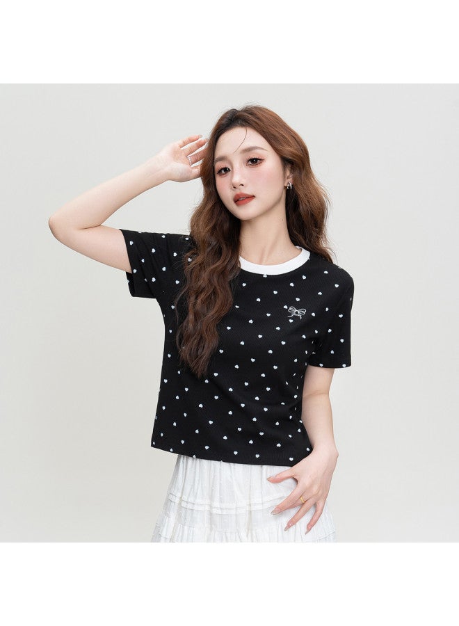 TonLion Summer New Retro Sweet & Cool Style Color-blocking Heart Print Bow Slim-fit Short Sleeve T-shirt Round Neck Top For Women - Image 2