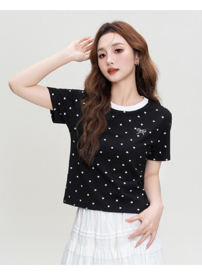 TonLion Summer New Retro Sweet & Cool Style Color-blocking Heart Print Bow Slim-fit Short Sleeve T-shirt Round Neck Top For Women - Image 1