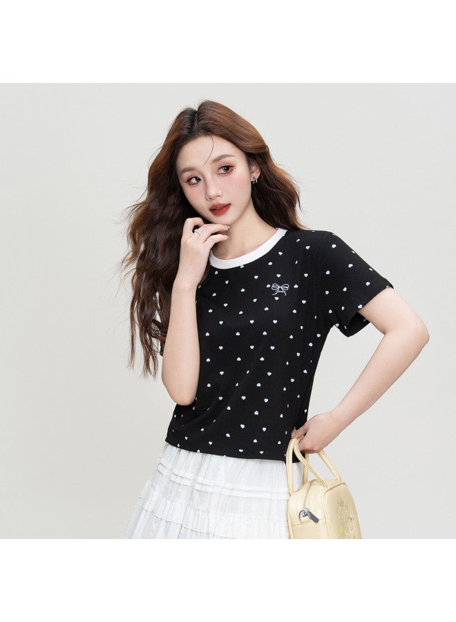 TonLion Summer New Retro Sweet & Cool Style Color-blocking Heart Print Bow Slim-fit Short Sleeve T-shirt Round Neck Top For Women - Image 3