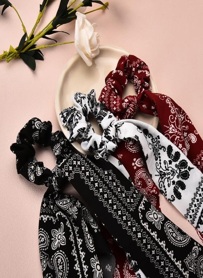 Guqqeuc 3 PCS Paisley Hair Scarf Scrunchies with Ribbon Tails for Women Girls Hair Bows Scrunchy Hair Scarves Ties for Teen Girls Knotted Bow Hair Elastics Chiffon Ponytail Holder for Women - Image 4